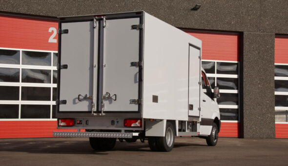 Isolated truck body on a Mercedes Sprinter with Thermoking cooling